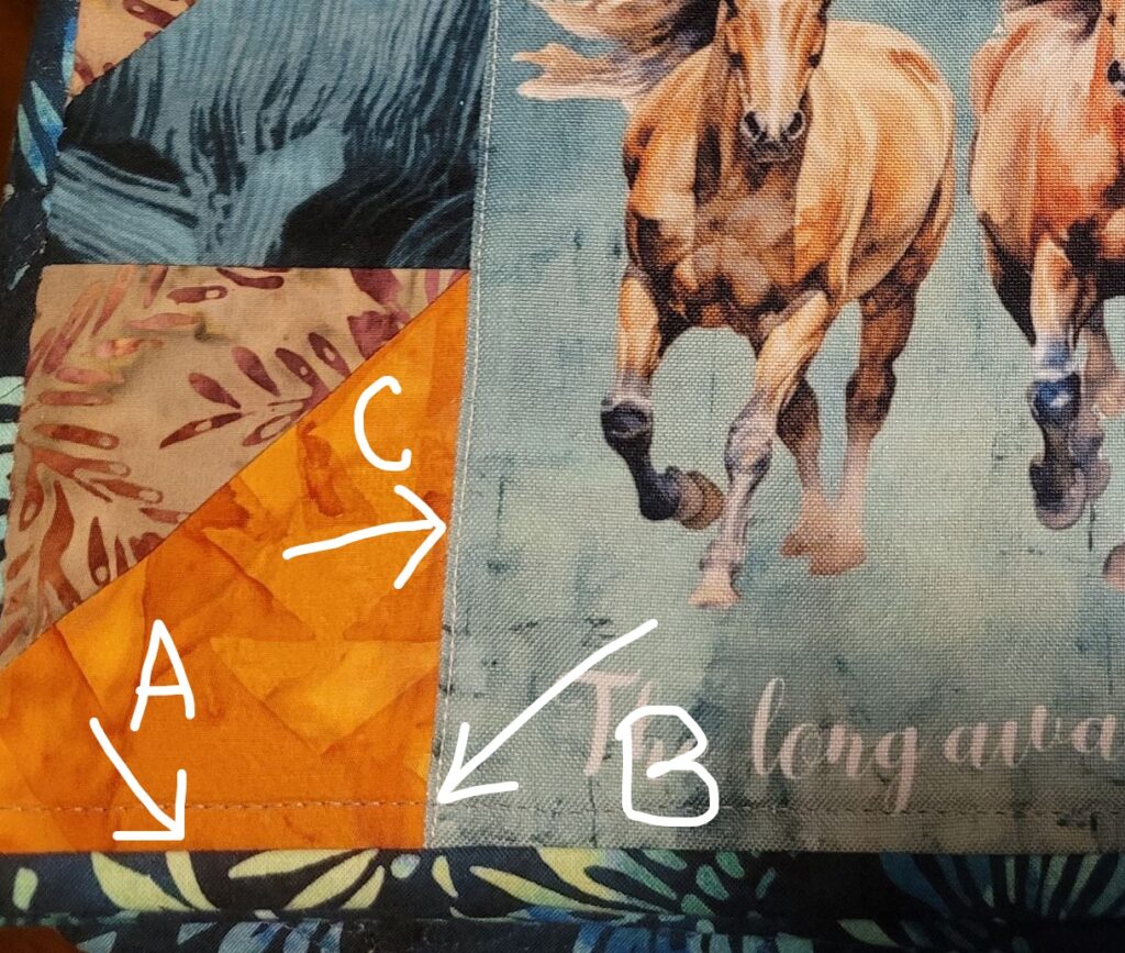 Close up of label showing A- binding done from the back, B- Stitch line for the binding on the front, and C- stitch in the ditch to hold the label in place.